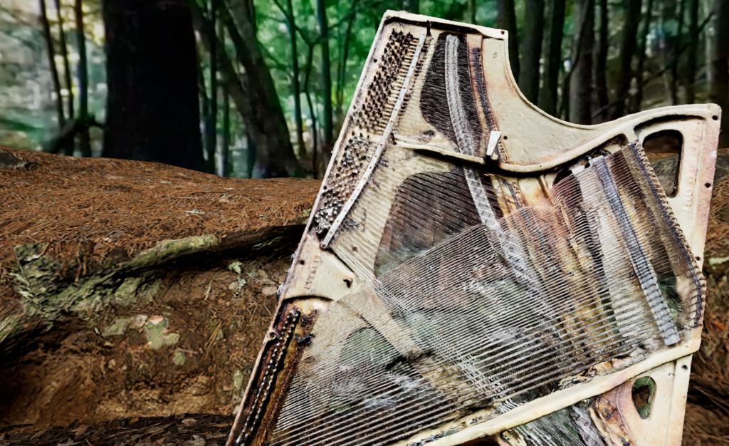 Screenshot of an old piano harp in a forest.