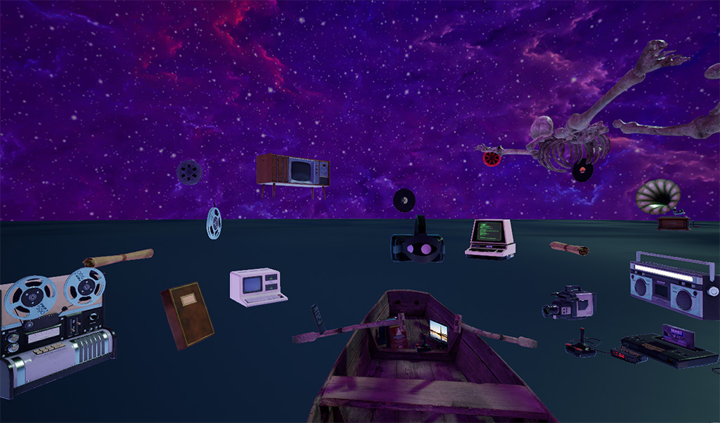 A rowboat on an ocean beneath a violet nebula, surrounded by an array of media.