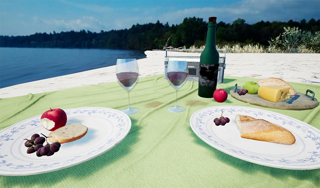 A green blanket on the beach with wine, bread, cheese, and an audiocassette player.