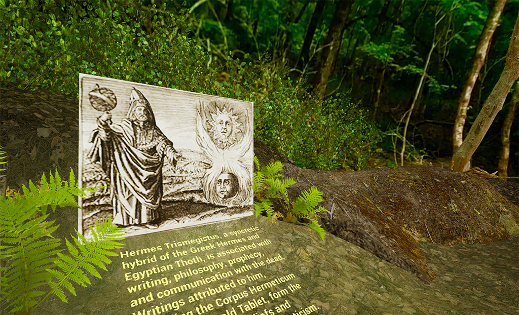 Black and white engraving of Hermes Trismegistus with the sun and the moon.