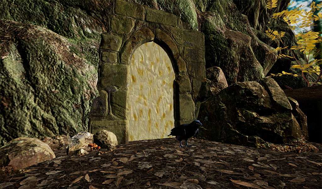 A raven stands in front of a mysterious opening in a forest ledge.